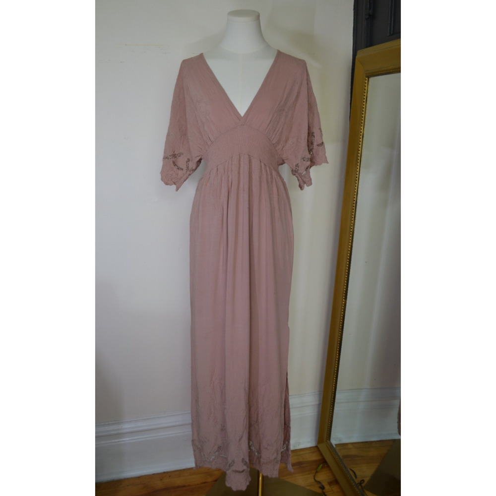 Mauve Pink Floral Embroidered Romantic Garden Maxi Dress Size M Lovestitch